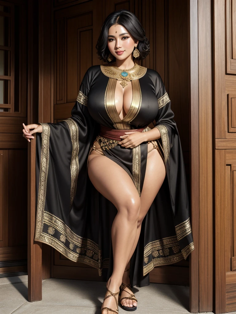 Stunning Beauty Voluptuous Javanese Wife, kind smile, Photorealistic portrait, very huge chest, wearing long soft silk batik abaya and wooden sandals, simple accessories of gold and jewelry, black short hair, brown skin, luxurious Javanese mansion in background, beautiful eyes, beautiful lips, beautiful chest, beautiful neck, beautiful thighs, beautiful legs. HD Image, Wide Angle, Full Body, Top to Toe, Very Detailed Face, Very Detailed Anatomy, Very Detailed Accessories, Very Detailed Background, Highest Quality, A Masterpiece.