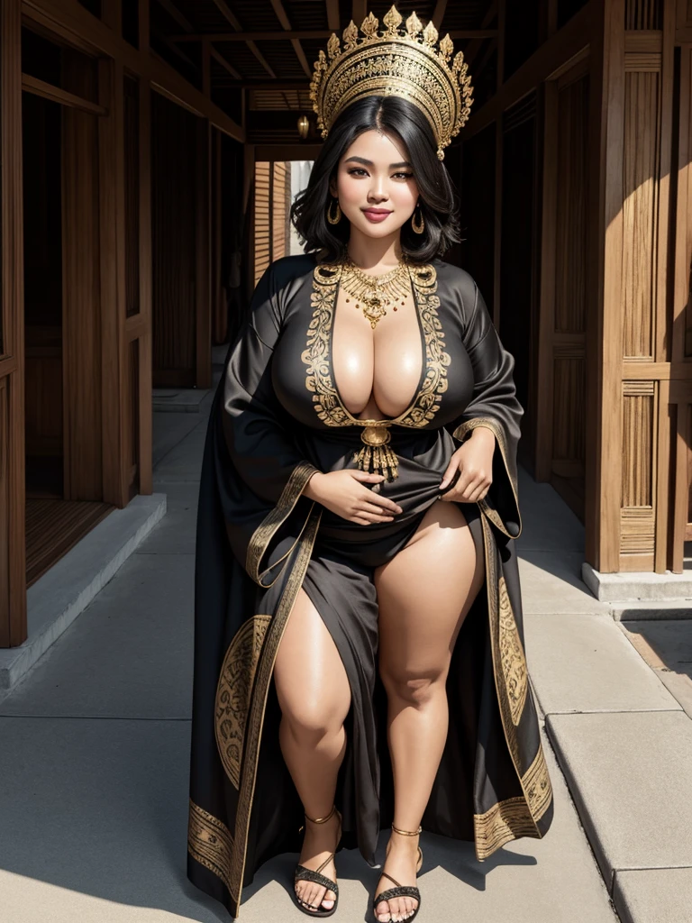 Stunning Beauty Voluptuous Javanese Wife, kind smile, Photorealistic portrait, very huge chest, wearing long soft silk batik abaya and wooden sandals, simple accessories of gold and jewelry, black short hair, brown skin, luxurious Javanese mansion in background, beautiful eyes, beautiful lips, beautiful chest, beautiful neck, beautiful thighs, beautiful legs. HD Image, Wide Angle, Full Body, Top to Toe, Very Detailed Face, Very Detailed Anatomy, Very Detailed Accessories, Very Detailed Background, Highest Quality, A Masterpiece.