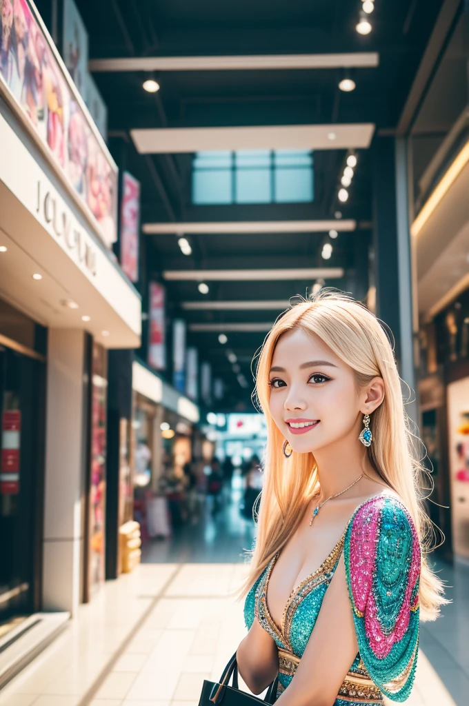 (best quality, 4k ,8k, highres, masterpiece:1.2), ultra-detailed, (realistic, photorealistic, photo-realistic:1.37), closeup, beautiful Thai woman, (slim girl), (happy smile), long lashes, beautiful makeup, platinum blonde hair, fair skin, slender figure, elegant posture, wearing large sparkling colorful jewelery, wearing a business style leather dress, standing in a large shopping mall, gentle sunlight shining through the shopping mall windows, casting a soft glow on her face, adding warmth to the scene, vibrant colors, capturing the essence of vibrant city life, portrait style, showcasing her natural beauty and grace in a feminine way