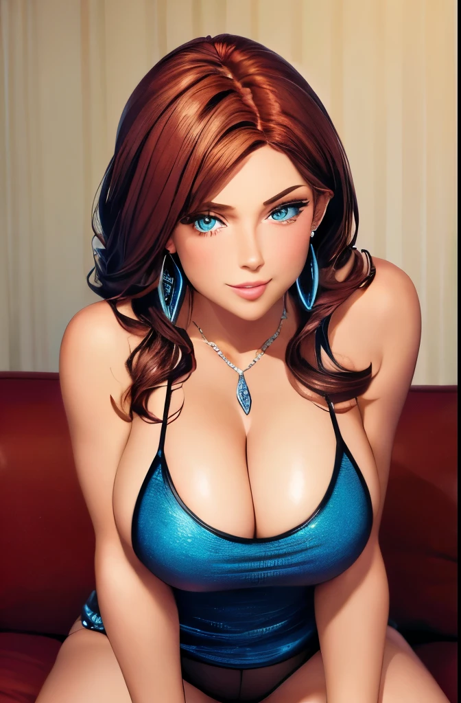 full body shot, thick auburn hair, crystal blue eyes, open mouth smile, aroused 25 years old, playfully aroused, dripping with desire, cleavage, low cut spaghetti strap tank top , shorts, slim waist, standing stretching, coy smile with open parted lips, (blushing:1.3), looking invitingly at the viewer, seductive eyes, facing the viewer, livingroom background, posing by the sofa, (pov), glowing eyes, necklace, earrings, nsfw,