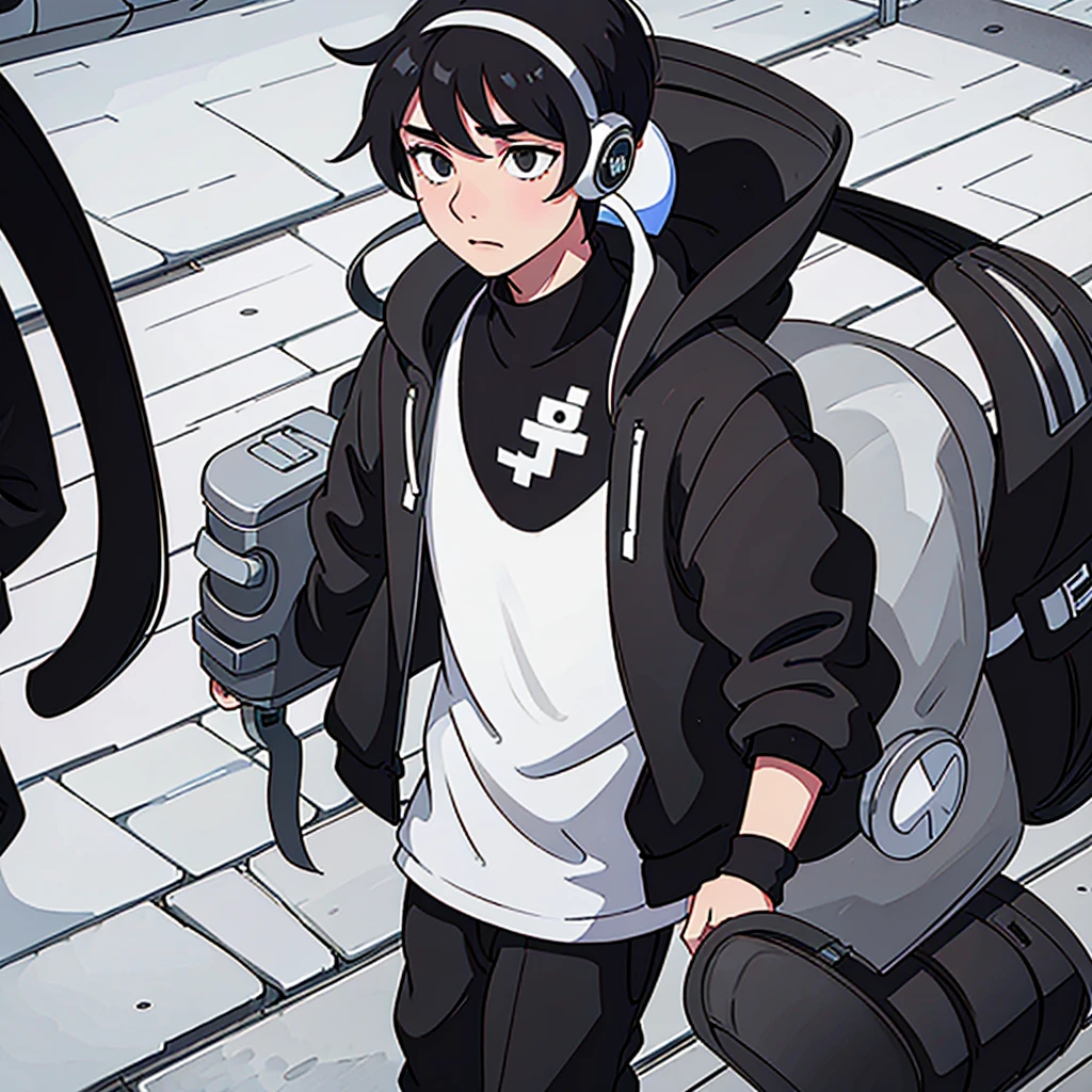 16 year old boy, a black and white outfit, walking down the street and with a headset