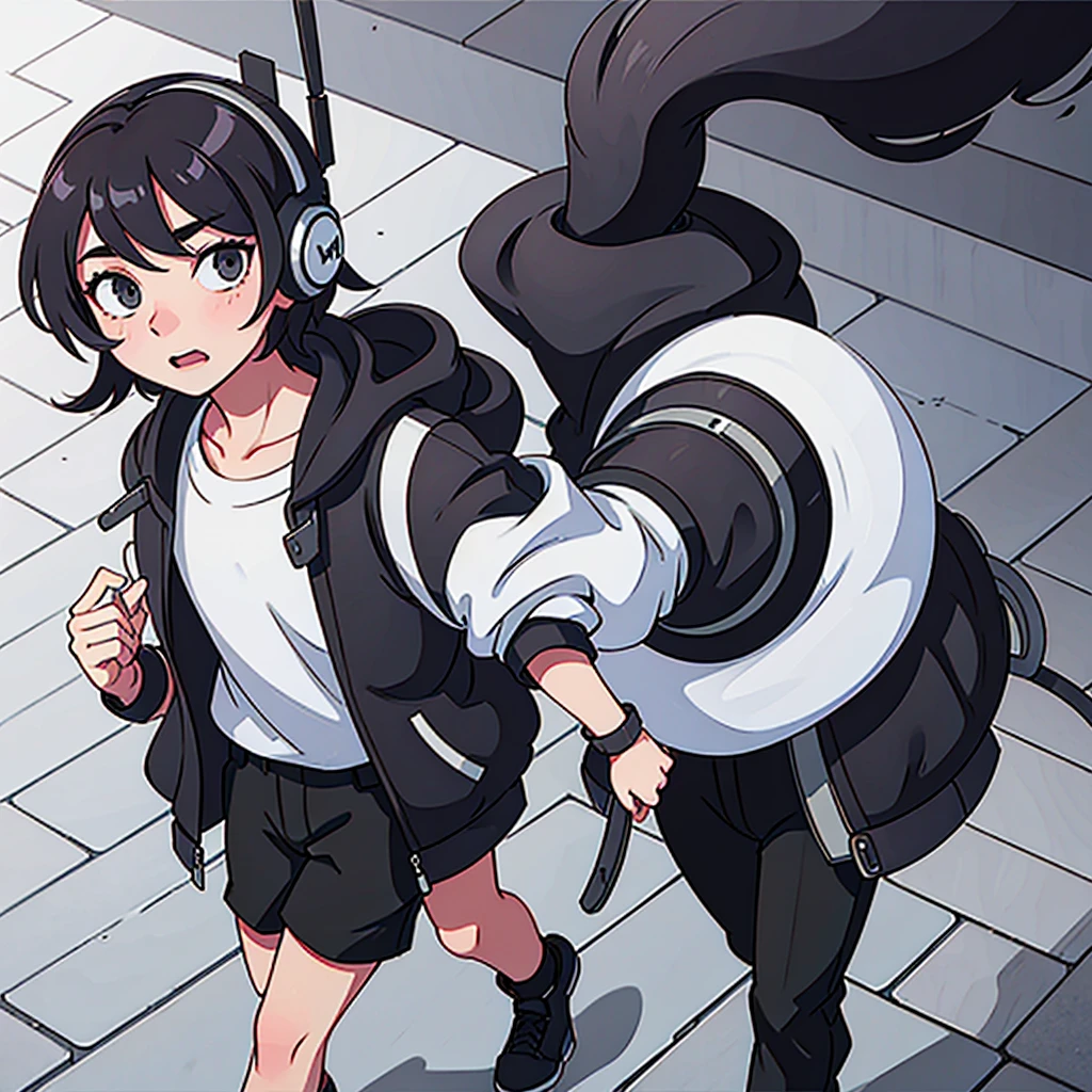 16 year old boy, a black and white outfit, walking down the street and with a headset