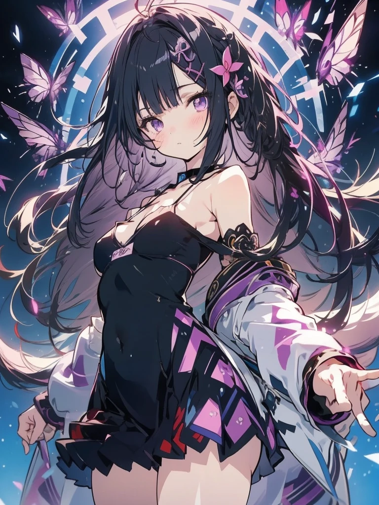 anime girl standing, black background, (1girl), long purple hair, purple eyes, purple flower hairpin, small breasts, no sleeves purple dress, purple butterflie, beautiful anime artwork, ultrasharp, masterpiece, high res, 8k