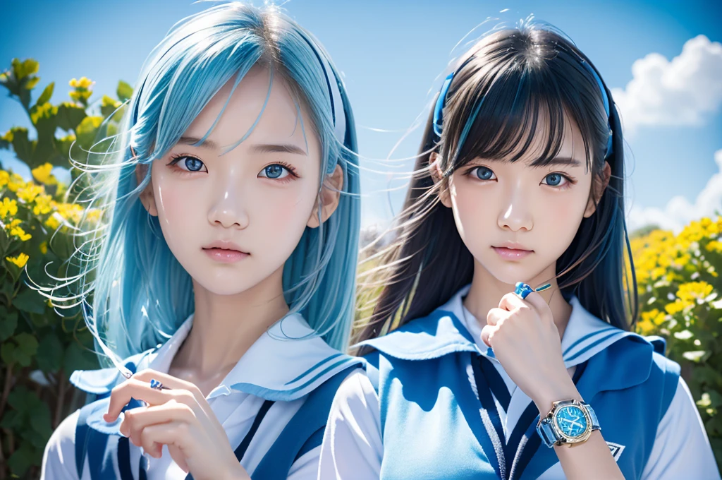 A high school girl holding a light blue gun. She has light blue hair and wears a light blue watch. She is dressed in a sailor . The background is a clear blue sky. The image is highly detailed with vibrant colors, capturing the essence of a sunny day. The girl's expression is calm and focused, with the sunlight highlighting her features.