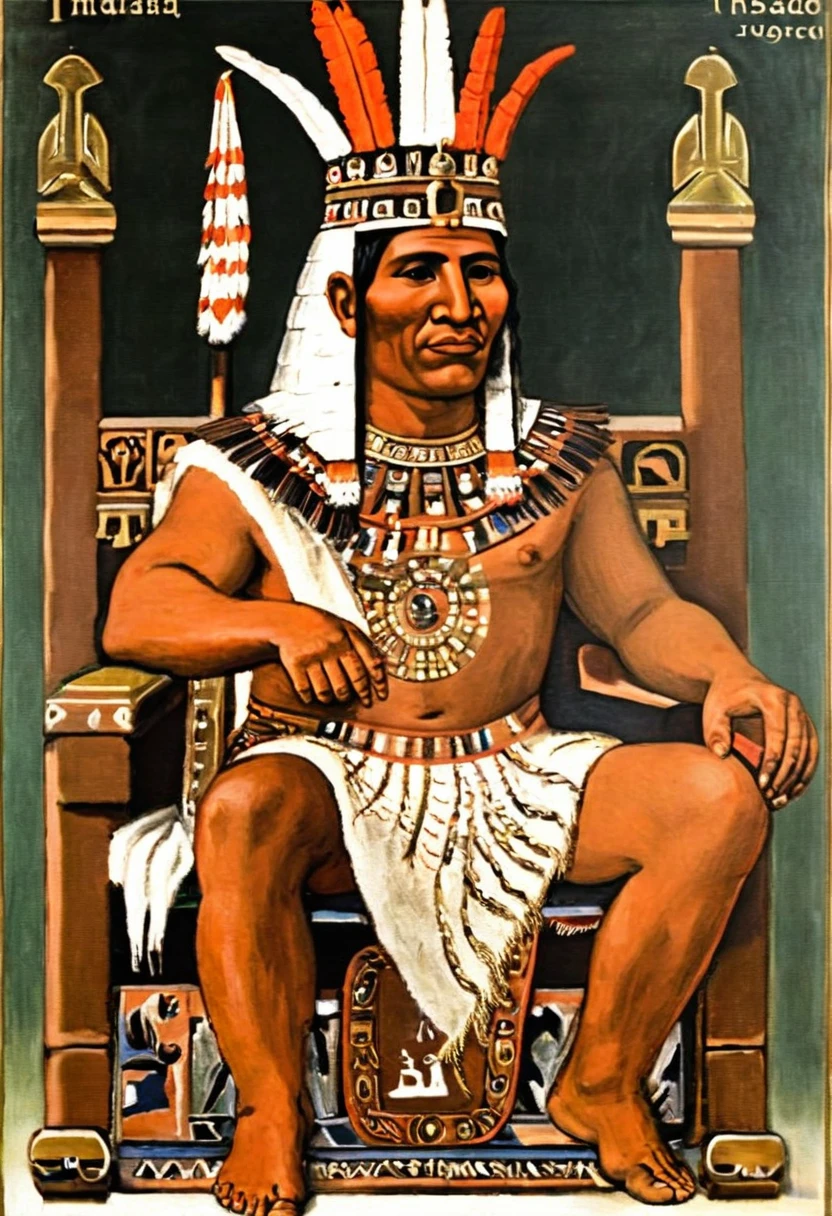 (profile view) Inca sitting on his throne, mascaypacha on his head, his subjects kneeling before him