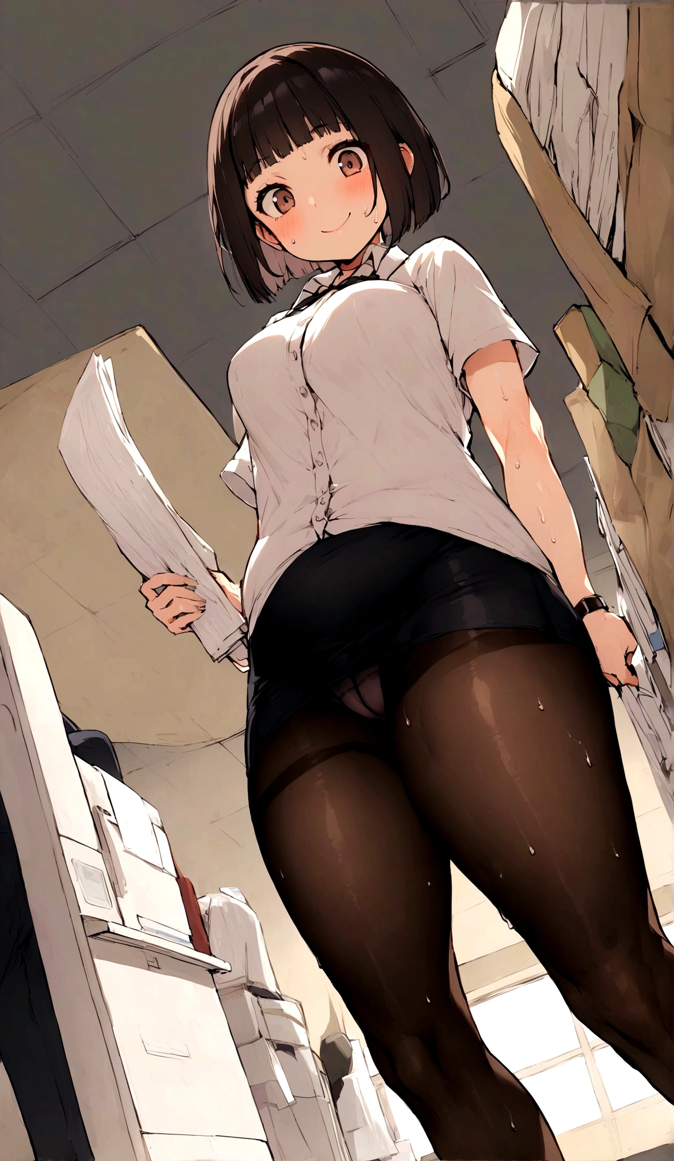 One Woman、One Man、The man is looking up her skirt、Beauty、office、clerkの制服、clerk、Age 25、Tight Skirt、Looking down at the viewer, Bobcut, Highest quality, Focus on the thighs, smile,  Black Pantyhose, panties under pantyhose、Plump thighs、Big Ass、Big 、 Brown Hair,My thighs are steaming between the legs 、Sweaty pantyhose、Angle from directly below、I have the documents、Copier