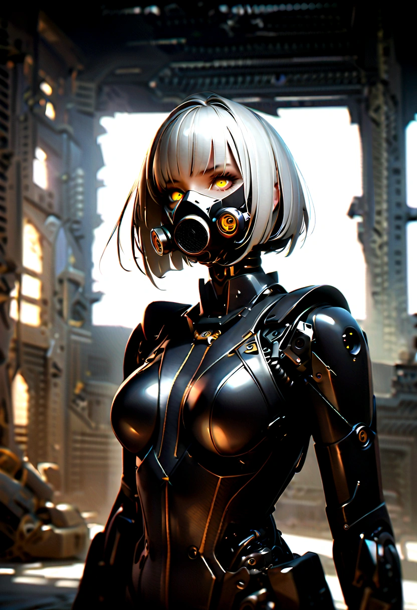 (masterpiece:1.2,high quality), 1 Girl, ((Ultra-realistic details)), Global Illumination, shadow, Unreal Engine, Octane Rendering, 8K, Extremely sharp, Metal, complex, Accessory details, highly complex details, Yellow eyes, (Mechanical:1.2), White hair, (Black gas mask), gear, Bob Cut, Hundreds of wires, Earthling, (, Android:1.15), Revelation, Damaged buildings