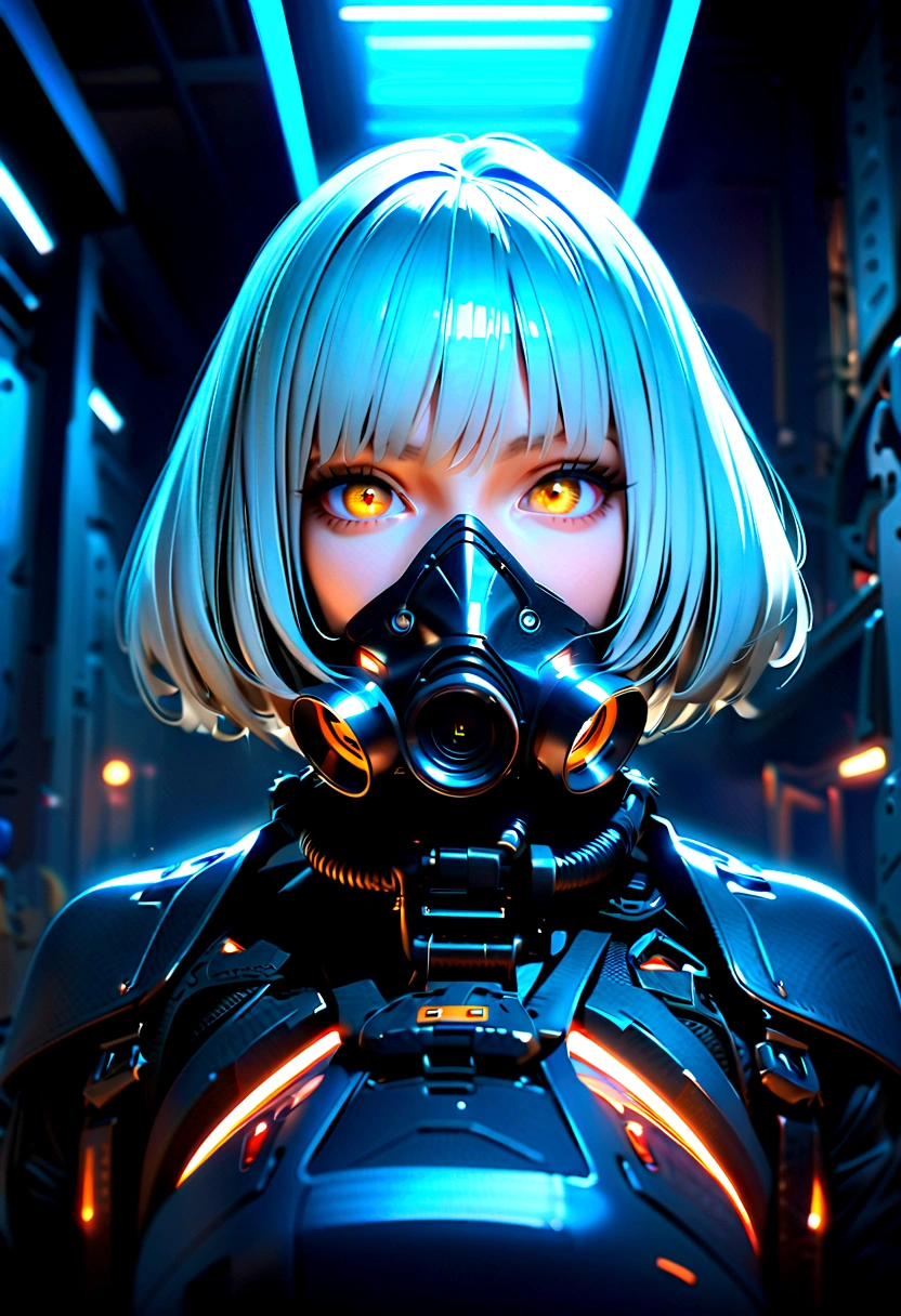 (masterpiece:1.2,high quality), 1 Girl, ((Ultra-realistic details)), Global Illumination, shadow, Unreal Engine, Octane Rendering, 8K, Extremely sharp, Metal, complex, Accessory details, highly complex details, Yellow eyes, (Mechanical:1.2), White hair, (Black gas mask), gear, Bob Cut, Hundreds of wires, Earthling, (, Android:1.15), Revelation, Damaged buildings