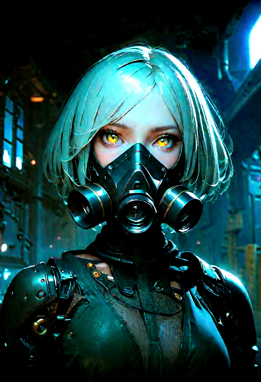 (masterpiece:1.2,high quality), 1 Girl, ((Ultra-realistic details)), Global Illumination, shadow, Unreal Engine, Octane Rendering, 8K, Extremely sharp, Metal, complex, Accessory details, highly complex details, Yellow eyes, (Mechanical:1.2), White hair, (Black gas mask), gear, Bob Cut, Hundreds of wires, Earthling, (, Android:1.15), Revelation, Damaged buildings