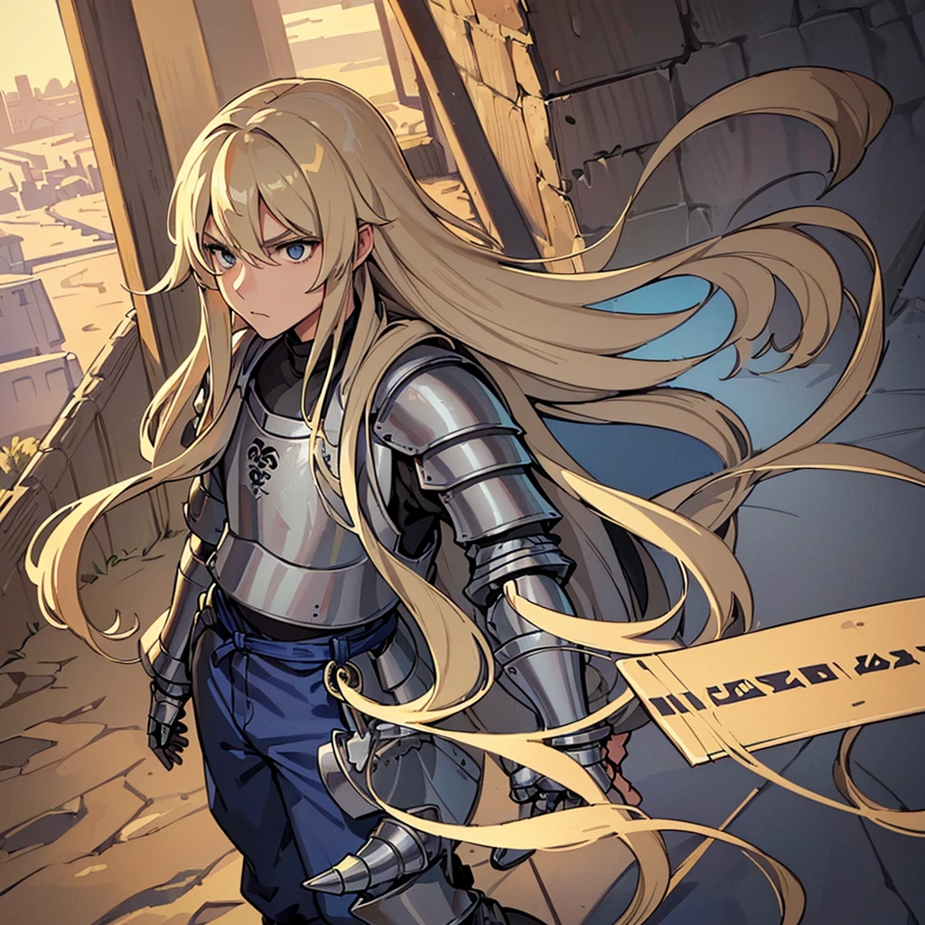 ((((Solo))))、Highest quality, Best Quality, Best illustrations, (((Grey Armor)))、(((Blond long hair man、Long-haired man、male、24-years-old、Cool guy)))、(Medieval Knight)、(Navy blue trousers)、(get annoyed)、(Living in the desert)、front、(face shot)
