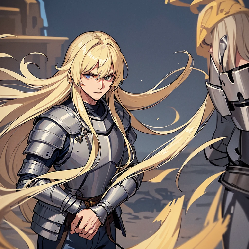 ((((Solo))))、Highest quality, Best Quality, Best illustrations, (((Grey Armor)))、(((Blond long hair man、Long-haired man、male、24-years-old、Cool guy)))、(Medieval Knight)、(Navy blue trousers)、(get annoyed)、(Living in the desert)、front、(face shot)