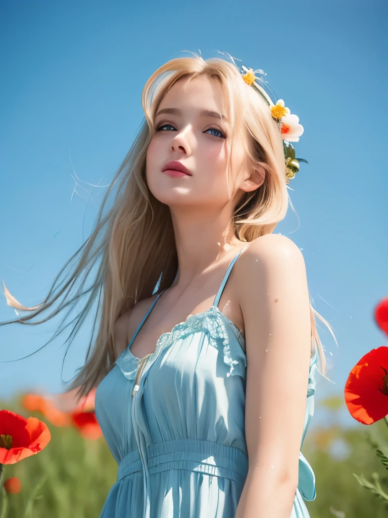 Ultra high definition, One girl, alone, elegant hair (whole body: 1.1), (Looking at the audience: 1.1), Young girl, Elegant maxi dress, Wild poppies swaying in the wind, movie , sweet_Lolita, Highest quality, masterpiece, Blonde, blue eyes. 少しmouthを開いて,Delicate,mouth,Highly detailed face,blush,Soft skin texture,Shiny wet skin,Normal tongue,Don&#39;t stick out your tongue,Soft lips,Pink Lips,Delicate lips, ((All over the face, mouth and cheeks))