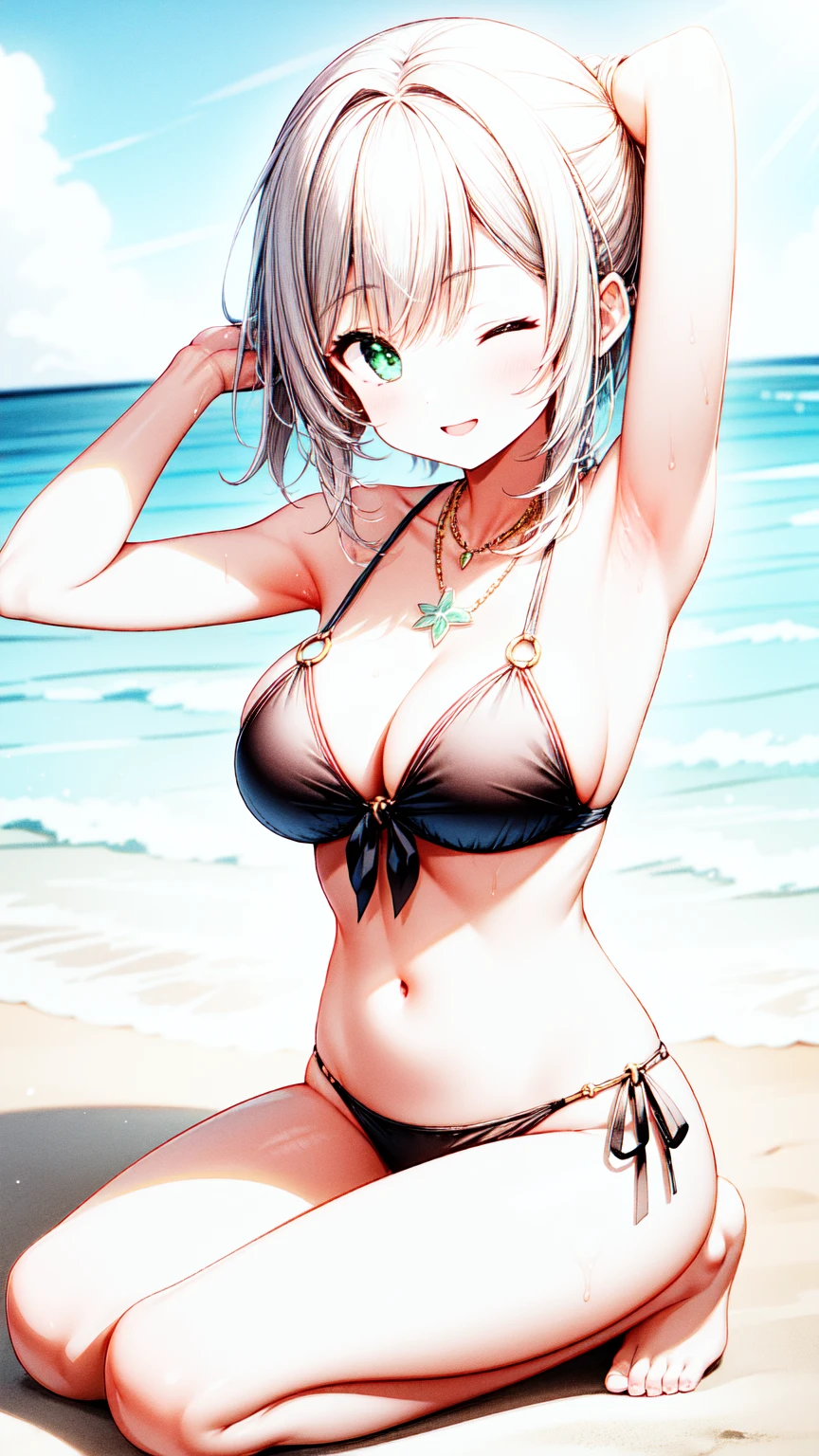 1girl,masterclass,best quality, illustration, solo, hyperbreasts, very large breast, nahidadef, ;), smile, one eyes closed,bare_shoulders,beach,blue_sky,blush,breasts,cloud,front-tie_bikini_top,front-tie_top,full_body,looking_to_the_side,navel,necklace,o-ring,o-ring_bikini,ocean,on_ground,outdoors,seiza,sitting,spread legs,sky,stomach,sunlight,swimsuit,arm up, arm behind head, armpits