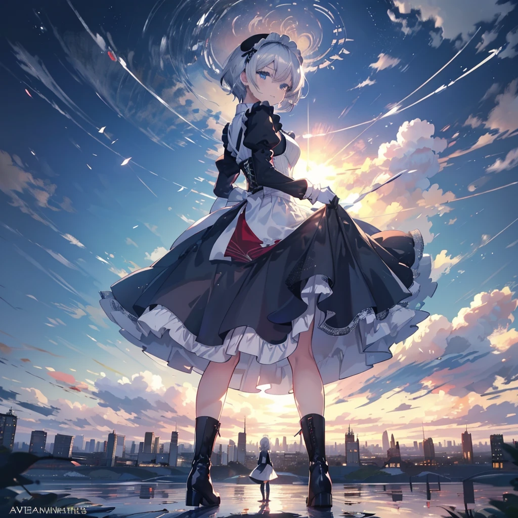 Illustration of one person, Dengeki Bunko, Woman Looking Back, Perfect Human Medicine, Woman keeps falling, {{{{{Maid clothes}}}}},Small Tits,anime, Two legs, Cool,{{{{{50 year old woman}}}}} ,{{{{{a person is depicted}}}}},(Official Art、{{{{{Upper Bodyアングル}}}}},Highest quality、Unity 8k wallpaper、32k、masterpiece、Ultra-detailed、Ultra-high resolution, Realistic、Grab your hair with your hands, Photorealistic:1.2)、(Cinema Lighting:1.2)、,Fire Glow Effect、The most grainy shadows on the film、Rim Light、Side light、Side Shot、(Ultra-detailedで複雑な3Dレンダリング)、Very short hair, Short wolf hair,細部までBeautiful Faceと目、Sharp pupils、Realistic生徒、Slender、white maid hat, Highly detailed background、Beautiful Face、Beautiful 16 year old girl、(Ultra-detailedなスキン、Detailed skin texture:1.Silver Hair:1.3)、Blunt bangs、blue eyes、{{{{{黒いMaid clothes}}}}}、White apron costume、Black knee socks、(Thighs Thighs Thighs Thighs:0.8)、Black Bhutanese sticks and a beautiful sunset、Medieval castle、Dancing on the Tower Roof、(avert your eyes、Overlooking the city:1.3)、Fantastic、Close your mouth and bite, Makes your face smaller, (Tabletop), Highest quality, Perfect Face, 1 Girl, alone, Eye color is light blue, Hair between the eyes, Very Short Hair, blue eyes, Silver Hair, Knee-high boots, corset,Black gloves, Long sleeve, Upper Body,
