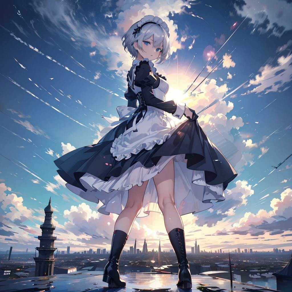 Illustration of one person, Dengeki Bunko, Woman Looking Back, Perfect Human Medicine, Woman keeps falling, {{{{{Maid clothes}}}}},Small Tits,anime, Two legs, Cool,{{{{{50 year old woman}}}}} ,{{{{{a person is depicted}}}}},(Official Art、{{{{{Upper Bodyアングル}}}}},Highest quality、Unity 8k wallpaper、32k、masterpiece、Ultra-detailed、Ultra-high resolution, Realistic、Grab your hair with your hands, Photorealistic:1.2)、(Cinema Lighting:1.2)、,Fire Glow Effect、The most grainy shadows on the film、Rim Light、Side light、Side Shot、(Ultra-detailedで複雑な3Dレンダリング)、Very short hair, Short wolf hair,細部までBeautiful Faceと目、Sharp pupils、Realistic生徒、Slender、white maid hat, Highly detailed background、Beautiful Face、Beautiful girl、(Ultra-detailedなスキン、Detailed skin texture:1.Silver Hair:1.3)、Blunt bangs、blue eyes、{{{{{黒いMaid clothes}}}}}、White apron costume、Black knee socks、(Thighs Thighs Thighs Thighs:0.8)、Black Bhutanese sticks and a beautiful sunset、Medieval castle、Dancing on the Tower Roof、(avert your eyes、Overlooking the city:1.3)、Fantastic、Close your mouth and bite, Makes your face smaller, (Tabletop), Highest quality, Perfect Face, 1 Girl, alone, Eye color is light blue, Hair between the eyes, Very Short Hair, blue eyes, Silver Hair, Knee-high boots, corset,Black gloves, Long sleeve, Upper Body,