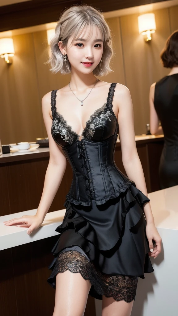 (8K, Photorealistic, Raw photo, Highest quality: 1.4),Japanese idol-style beautiful girl,1 person,18-year-old,(Short Bob),(Silver Hair :1.2),(Natural Waves),She has her hair tucked behind her ears,Clear grey eyes,Long eyelashes,(piercings(small)),(Lip gloss(red)),lips(Plump,glossy),thin long neck,necklace,ring,thin abdomen,(sleeveless one-piece dresses((Medium length(Length above the knee :1.2)),(Black color),(Lace embroidery),(Layered))),(Corset bustier),Small pouch,Large hotel party hall,Stand-up buffet,A large number of people(Woman in a dress)Background of the gathering,Smiling at the camera,Full body portrait