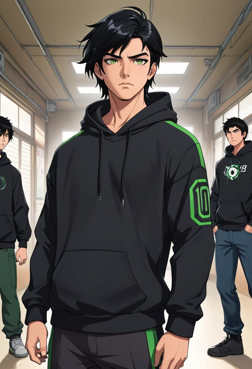 A highschool boy, handsome, perfect body, black hair, short hair, mullet, black eyes, upturned eyes, expressionless, black hoodies, anime, first-person view, masterpiece, anatomically correct, high details, highres, best quality, super detail, 1080P, Ben 10 art style