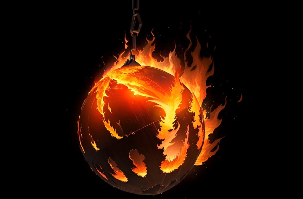 The ball of fire appears almost suspended in the darkness, its flames illuminating the blackness around it with a fiery glow