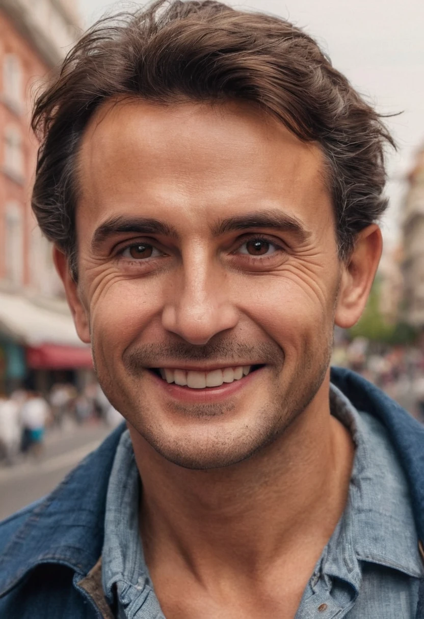 (photo and gross, Best Quality, Superior quality, Masterpiece:1.2), (realist, photo-realist:1.37), ultra high resolution, (1 32 year old man, attractive and pretty cute man, detailed oval face, wide open eyes, medium lip thickness, SMILE, forehead, slavic appearance, slim build, height above average, wide shoulders, detailed short brown hair, he wears a red shirt, blue jeans, He wears dark leather sneakers, Detailed cityscape, street. madrid, the skin is realistally worked out in detail