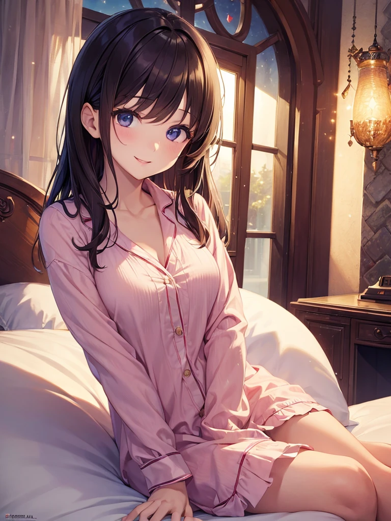 (masterpiece:1.5),(Beat quality),(high res),1girl solo,beautiful face,smile(shining eyes),upper body,light effects,Woman in pajamas,Bedroom at night