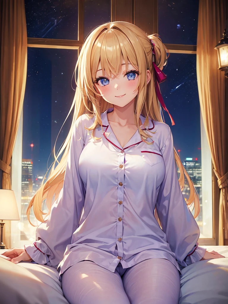 (masterpiece:1.5),(Beat quality),(high res),1girl solo,beautiful face,smile(shining eyes),upper body,light effects,Woman in pajamas,Bedroom at night