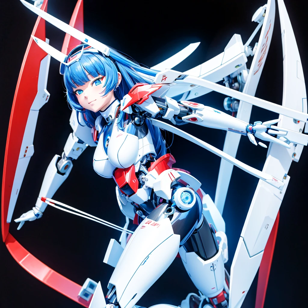 masterpiece, high quality, Heian Sumire, who has been turned into a mechanical body cyborg、Gynoid cyborg body modification surgery、Blue and white leotard armor、独奏、Single image、from front, full body、Mechabare、Sexual processing type mechanized genitals、Black background