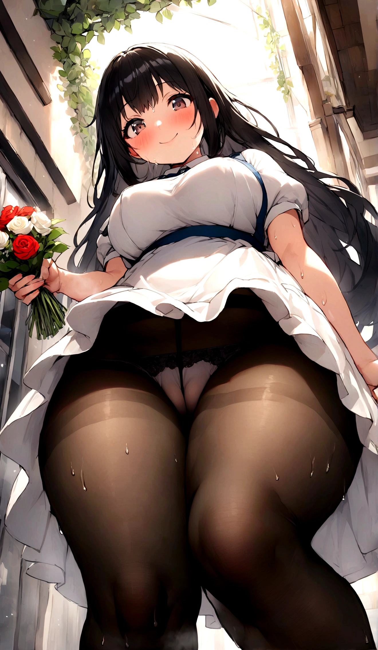 One Woman、One Man、The man is looking up her skirt、Beauty、Florist、All around me are flowers、淫乱Florist店員、Floristの店員、Age 25、flare skirt、Looking down at the viewer, Loose and fluffy long hair, Highest quality, Focus on the thighs, smile, Black Pantyhose, panties under pantyhose、Plump thighs、Big Ass、Big 、 Black Hair,My thighs are steaming between the legs 、Sweaty pantyhose、Angle from directly below、Waiting for a bouquet、apron