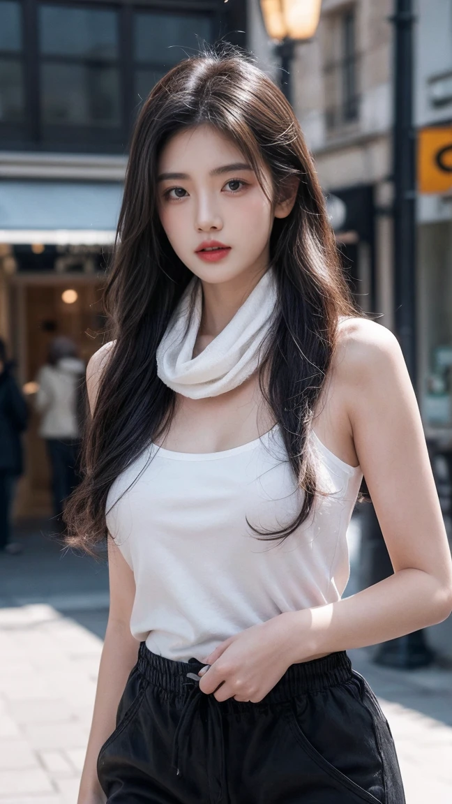 21yo girl, beautiful, wavy black hair, (cotton scarf around the neck), (wearing over cotton pajamas), (wearing cotton scarf), denim trousers, natural big breast, plumpy body, show sholders, in paris street, modern cinematic lighting, ray tracing, drop shadow wide shot UHD, textured skin, high details, best quality 4K, running pose, looks graceful, Grunge style create a photo realistic image that the viewer has never envisioned before,the image should demonstrate extreme creativity,imaginative,bold,inspiring,original in subject,original in style,amazing composition,intricately detailed,absurdly complex.