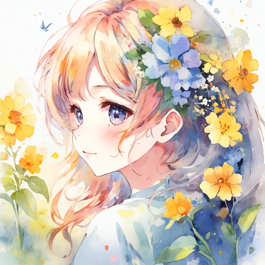 Absurd、High resolution、Super detailed、（One girl:1.3）、Cute BREAK
、Watercolor style、Soft blending、Dreamy wash、delicate textures、Anime girl with flowers in her hair、Beautiful Animeのポートレート、Beautiful Anime、Beautiful Animeのアートワーク、Beautiful Animeの女の子、Beautiful Animeのアート、Beautiful Animeのスタイル、Anime Girl Profile、goddess of spring、Anime illustrations、ソフトなAnime illustrations、Beautiful Animeのアート スタイル、Watercolor styleイラスト、Cute Anime Girlのポートレート、Anime Girl Portrait、Cute Anime Girl、Watercolor style、Light color、