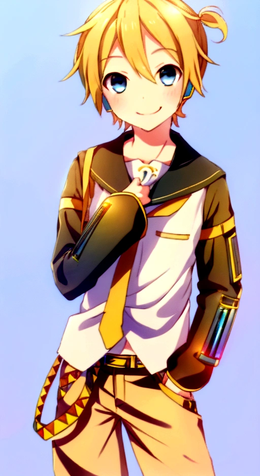 one boy, (Kagamine Len), Vocaloid, light blue eyes, short pants, blond hair, cowboy shot, cool, smile gently, cute