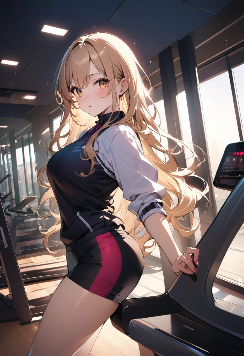 1 lady, 20 years old, blonde hair, long hair, wavy hair, light brown eyes, large breasts,
BREAK (masterpiece), (high resolution 8K), cinematic lighting, professional lighting, detailed eyes and face, detailed body,
BREAK In the hotel’s state-of-the-art fitness center, a woman wearing sleek workout gear captures a mirror selfie. Her expression is focused and determined, showcasing her dedication to maintaining her fitness routine even while traveling. The modern, well-equipped background with treadmills and weights emphasizes her active lifestyle and the luxurious amenities offered by the hotel