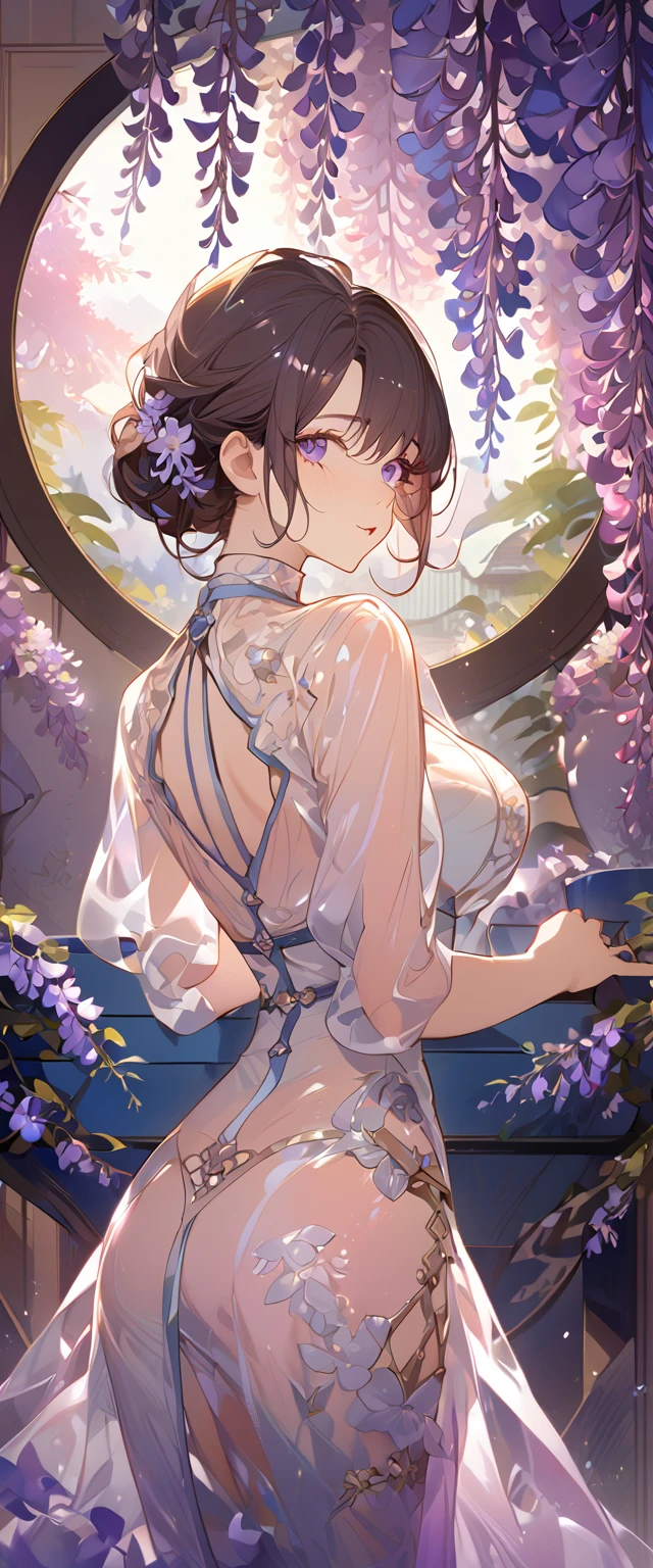 wisteria flower, wisteria tree, wisteria background, 8k ,4k , best quality, high quality, masterpiece, transparent clothes, embroidery clothes, big chest, all kind of hairstyle, inspired by Asukaziye artist : ask, art style : ask