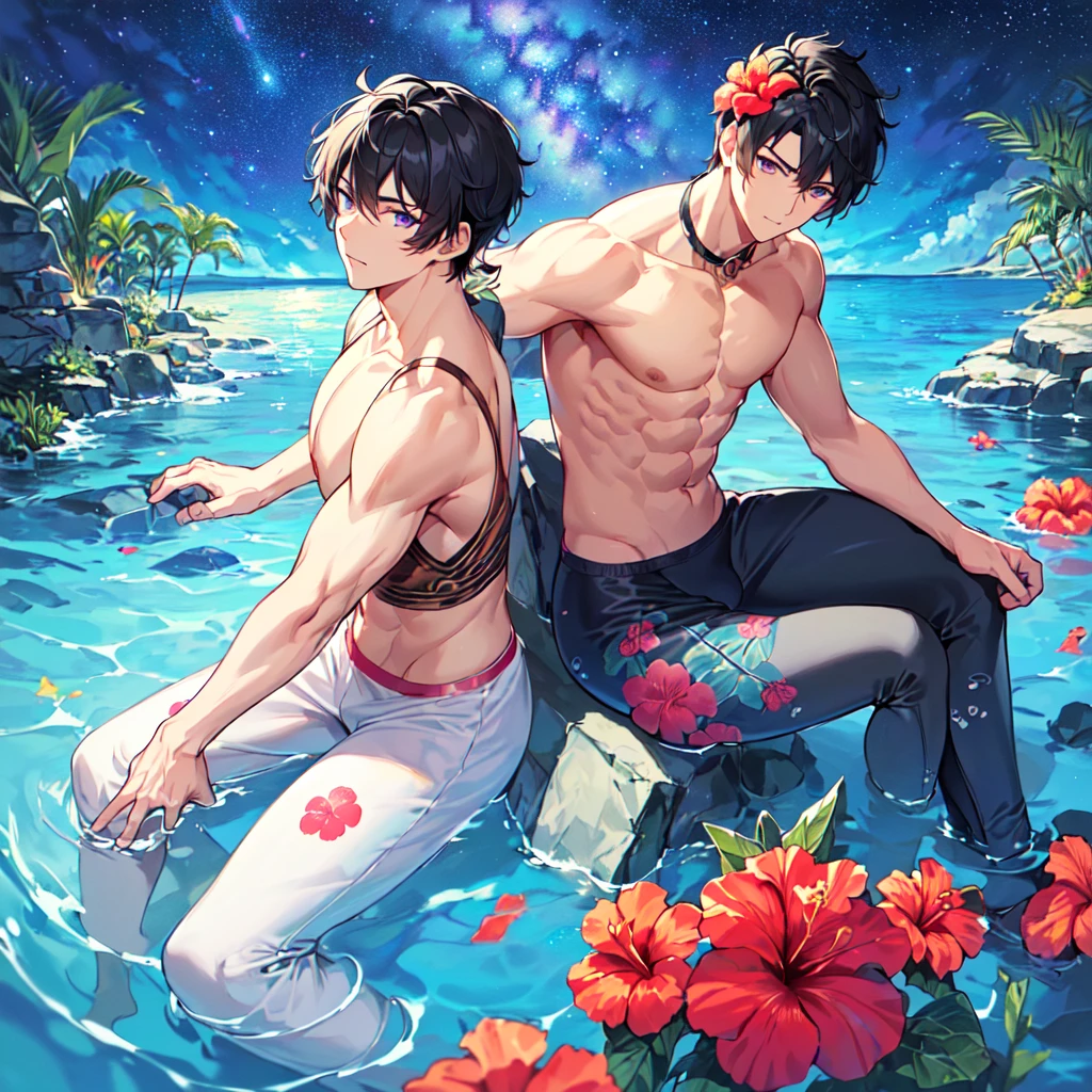 masterpiece,best quality,high quality,extremely detailed,(2male austere handsome one two adult age 30 years old:1.5),(purple eyes, cool with suspended eyes), body strong and fearless 8.5 head tall and 185cm tall,(well-groomed black hair short hair to neck:1.4), (bangs parted in thirds:1.4), (pectoral and rectus abdominis muscles:1.3), slender nose, facial muscles, (boxer sea water pants with hibiscus print:1.3), (sitting underwater:1.3), (stylish pose), (background tropical sea:1.3 ) , (Milky Way Night Sky: 1.3)