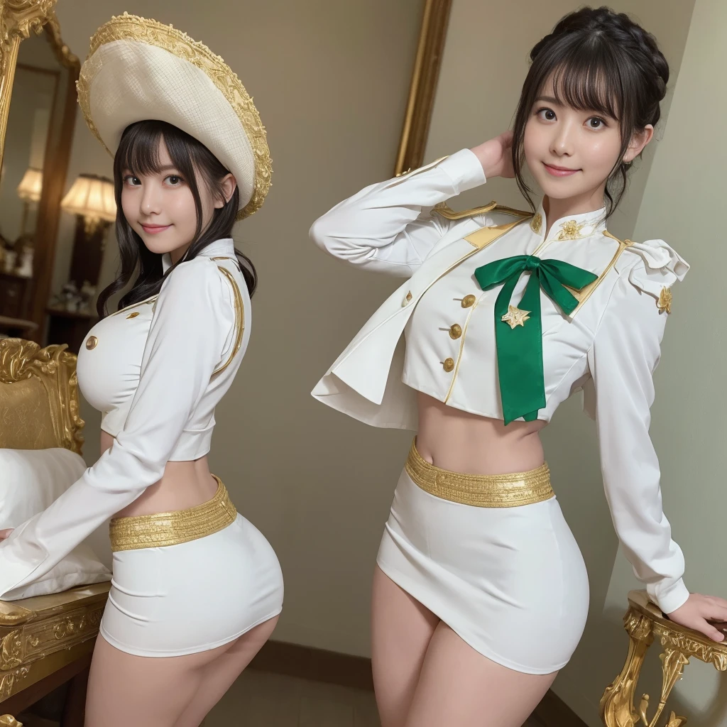 （elite , green, White and gold uniform, White Skirt, White top, green Ribbon, Gold Button, Golden Shoulder Massage、Ass、Black Hair、Big Ass、Inside the palace、Micro Mini Skirt）、Extremely sexy、Glamorous Body、smile、Professional Lighting、Impressive body curves、Beautiful adult woman、Captivating thighs、Very large breasts、Cowboy Shot