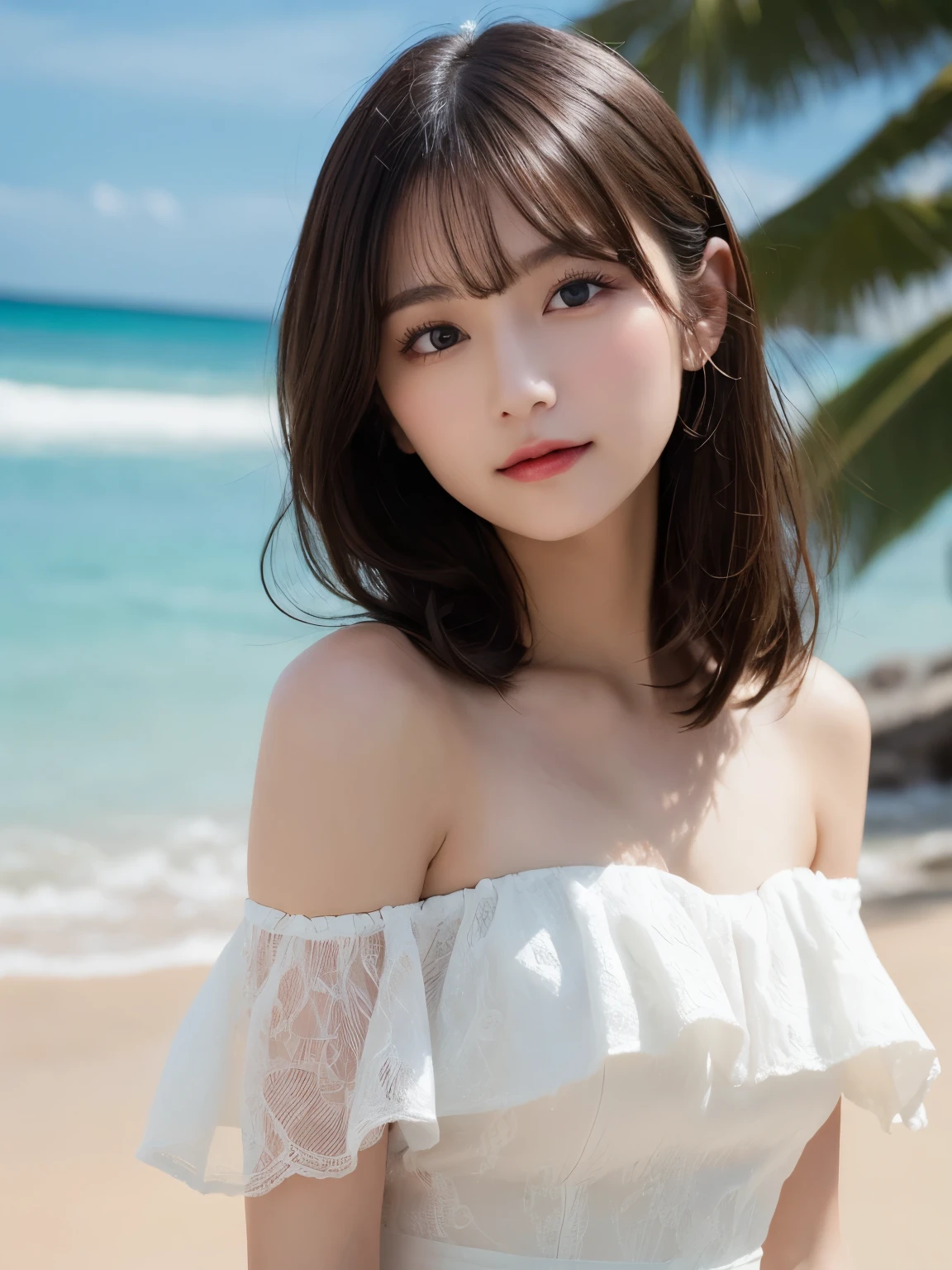 table top, highest quality, shape, Super detailed, finely, High resolution, 8k wallpaper, Perfect dynamic shape, beautiful and detailed eyes, D cup, natural color lip, random sexy pose,smile、20 year old girl、midnight、Beautiful and dense face、perfect and beautiful face,Big eyes、real photos(best image quality),Sheer off-shoulder dress (off white)、looking at camera、Please stand、Do gal makeup,blurred private beach background