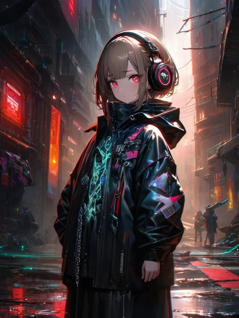 1 Girl, chromatic aberration, Written boundary depth, Soft Light, masterpiece, Highest quality, complicated, Tone Mapping, Very detailed, Art Station, Concept Art, Smooth, Clear focus, Dramatic lighting, Very detailed artwork, movie, super practical painting, Art Station's trending, 8K, Incredible Shadows, practical, (Very detailed background:1.0), whole body, View, Viewers, Very detailed portrait of one girl 1, standing on street corner, Heavy rain and lightning、Dark Sky, neon and cyber punk background, she is dressed in punk clothing with silver chains and silver spikes, Her hair was dyed light brown......,The middle part is black, She wears headphones, Detailed red eyes with clear pupils, Ominous aura of light, Sad face, punk, Cyber Rock, Backlight.Fashionable clothes、No knowledge of horses'tail、Dress code: Stylish look,Her hair is tied up cutely with a ribbon.