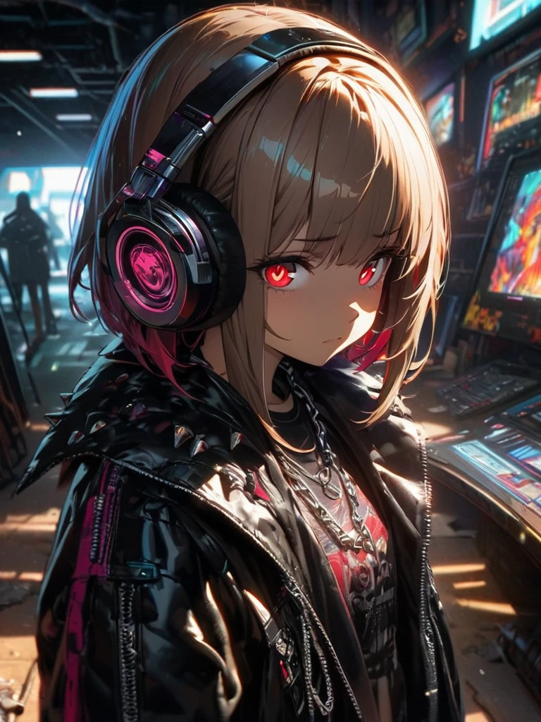 1 Girl, chromatic aberration, Written boundary depth, Soft Light, masterpiece, Highest quality, complicated, Tone Mapping, Very detailed, Art Station, Concept Art, Smooth, Clear focus, Dramatic lighting, Very detailed artwork, movie, super practical painting, Art Station's trending, 8K, Incredible Shadows, practical, (Very detailed background:1.0), whole body, View, Viewers, Very detailed portrait of one girl 1, standing on street corner, Heavy rain and lightning、Dark Sky, neon and cyber punk background, she is dressed in punk clothing with silver chains and silver spikes, Her hair was dyed light brown......,The middle part is black, She wears headphones, Detailed red eyes with clear pupils, Ominous aura of light, Sad face, punk, Cyber Rock, Backlight.Fashionable clothes、No knowledge of horses'tail、Dress code: Stylish look,Her hair is tied up cutely with a ribbon.