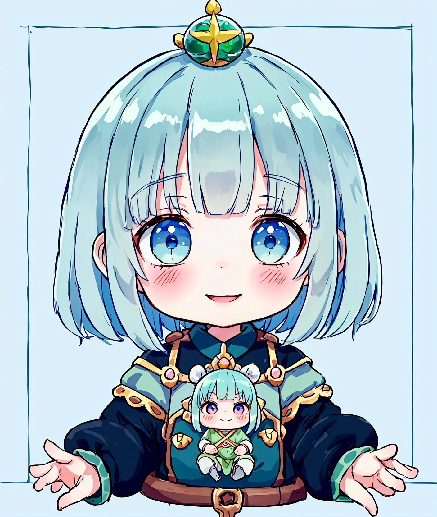  Dwarf Girl,Baby ime Girls)),　Green Skin、Light blue hair、、Short limbs、Big Head、Flat chest、Very detailed, ((masterpiece, Highest quality;1.3)) , An innocent smile、laughing、whole body