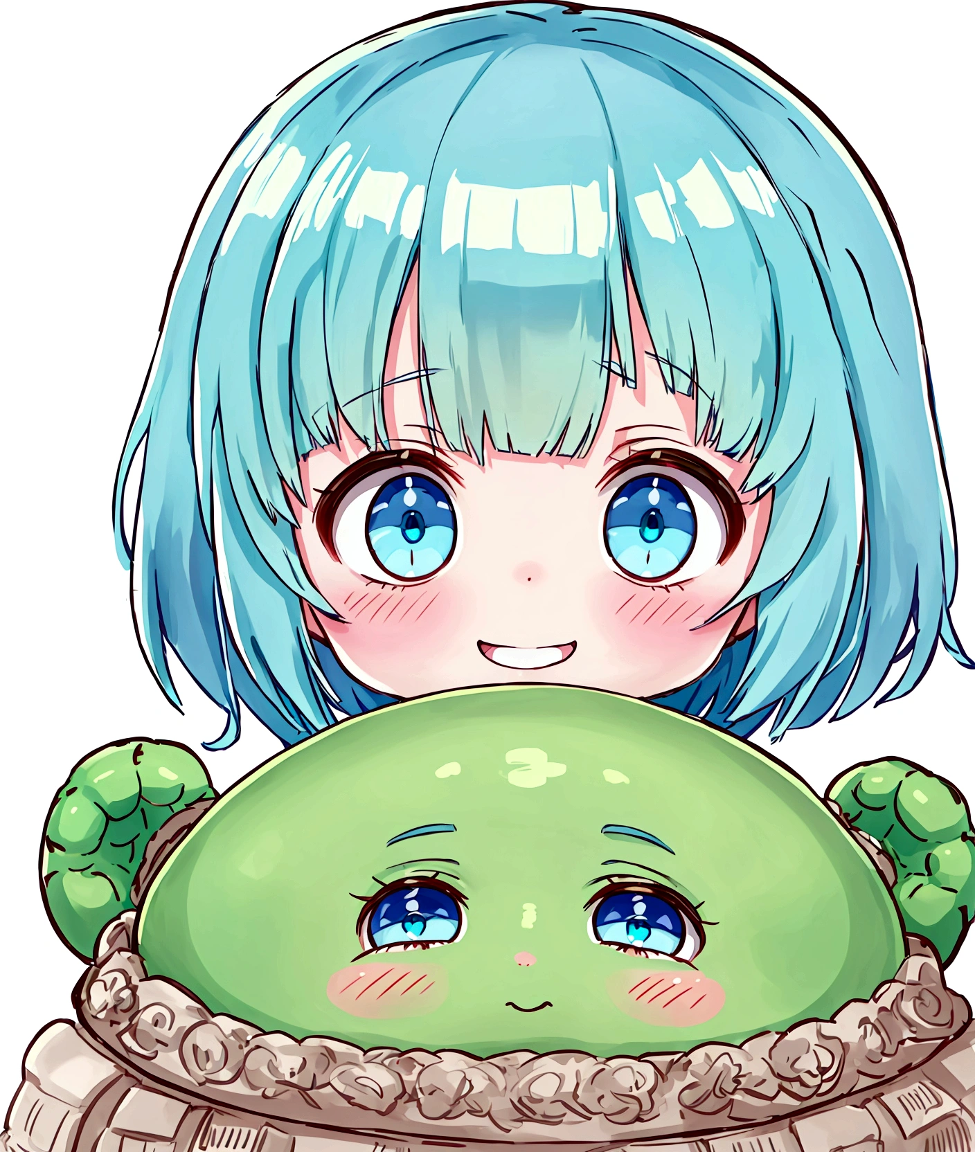 Little Dwarf Girl,Baby Face, ((Anime Girls)),　Green Skin、Light blue hair、、Short limbs、Big Head、Flat chest、Very detailed, ((masterpiece, Highest quality;1.3)) , An innocent smile、laughing、whole body