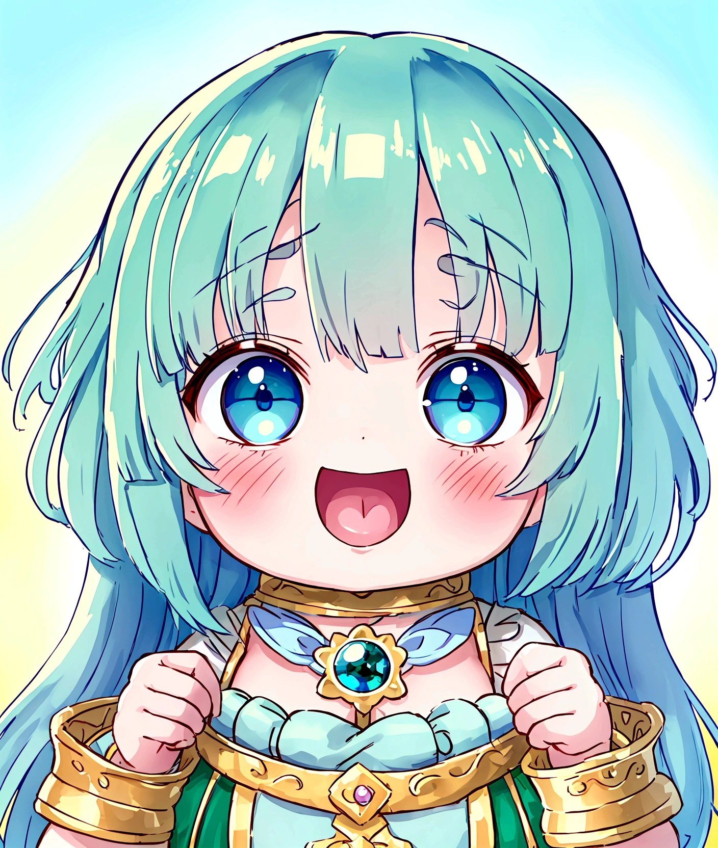 Dwarf Girl,Baby ime Girls)), Green Skin、Light blue hair、、Short limbs、Big Head、Flat chest、Very detailed, ((masterpiece, Highest quality;1.3)) , An innocent smile、laughing、whole body