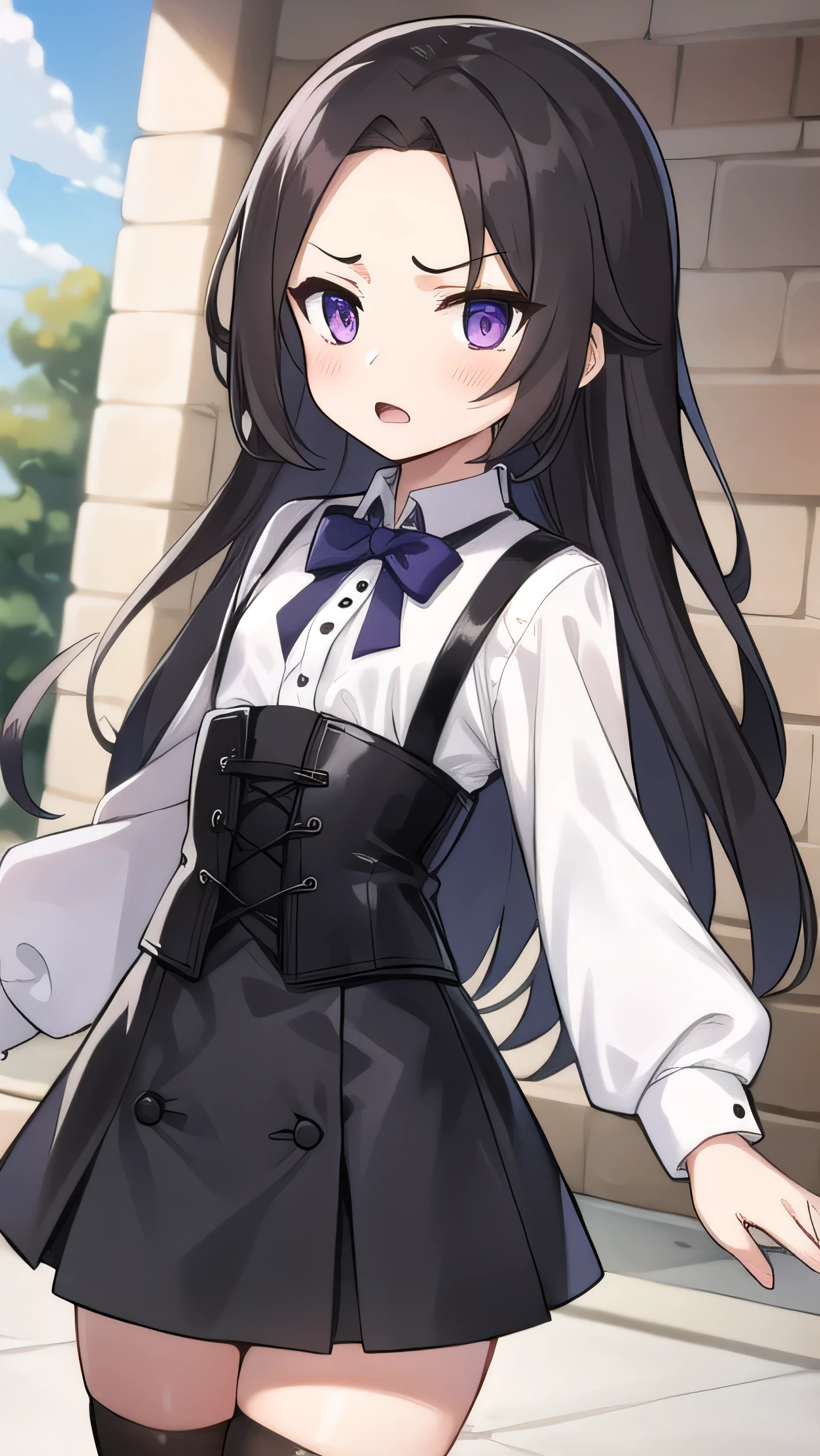 Brown hair, long hair, purple eyes,middle part，  wide forehead, white shirt, long sleeves, (black corset:1.2), black miniskirt, black knee socks, middle school student, flat chest , short, narrow eyes, hanging eyes, forehead, straight hair, suspender, anger