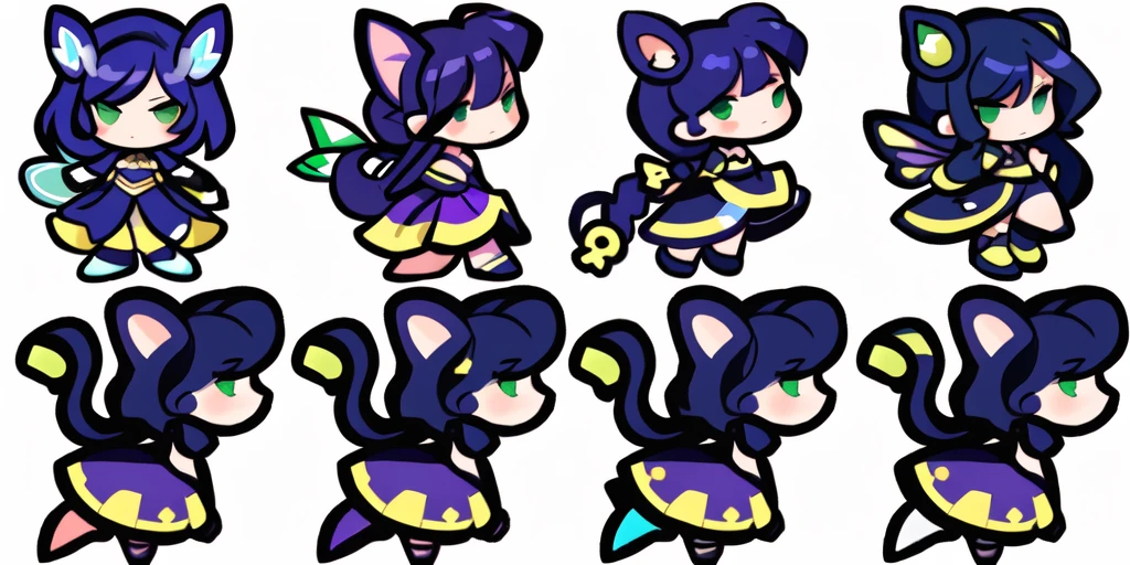 a close up of a cartoon character with different poses, spritesheet, sprite sheet, with familiar sprites, sprites, fairy girl, morgana, default pose neutral expression, twirling, sprite 2 d, shady, green fairy, smol,  multiple poses, cute chibi, kawaii