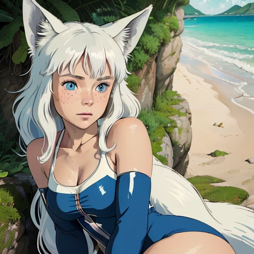 (best quality,4k,8k,highres,masterpiece:1.2), ultra-detailed, realistic:1.37, young solo girl, detailed blue eyes, fox ears,fox tail, freckles, cute, white hair, long wavy hair, portrait, vibrant colors, soft lighting, on the beach, wearing a pink Bikini