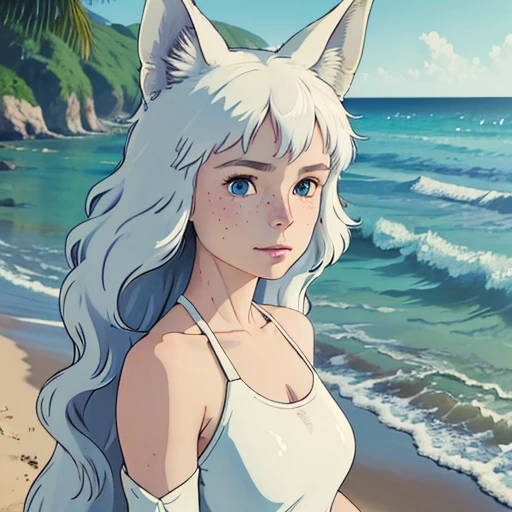 (best quality,4k,8k,highres,masterpiece:1.2), ultra-detailed, realistic:1.37, young solo girl, detailed blue eyes, fox ears,fox tail, freckles, cute, white hair, long wavy hair, portrait, vibrant colors, soft lighting, on the beach, wearing a swimsuit
