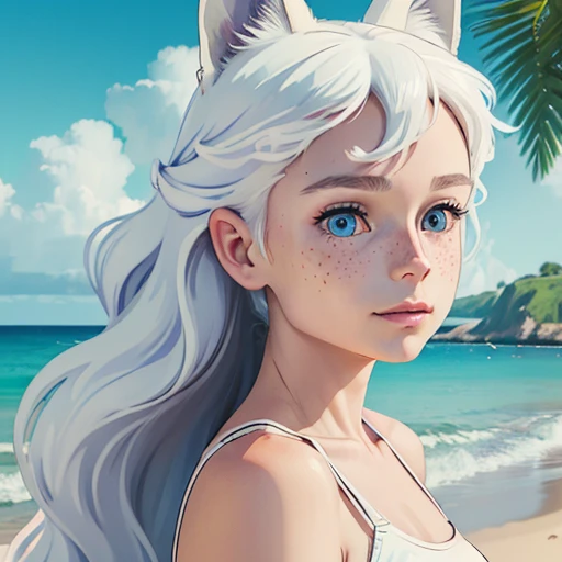 (best quality,4k,8k,highres,masterpiece:1.2), ultra-detailed, realistic:1.37, young solo girl, detailed blue eyes, fox ears,fox tail, freckles, cute, white hair, long wavy hair, portrait, vibrant colors, soft lighting, on the beach, wearing a swimsuit