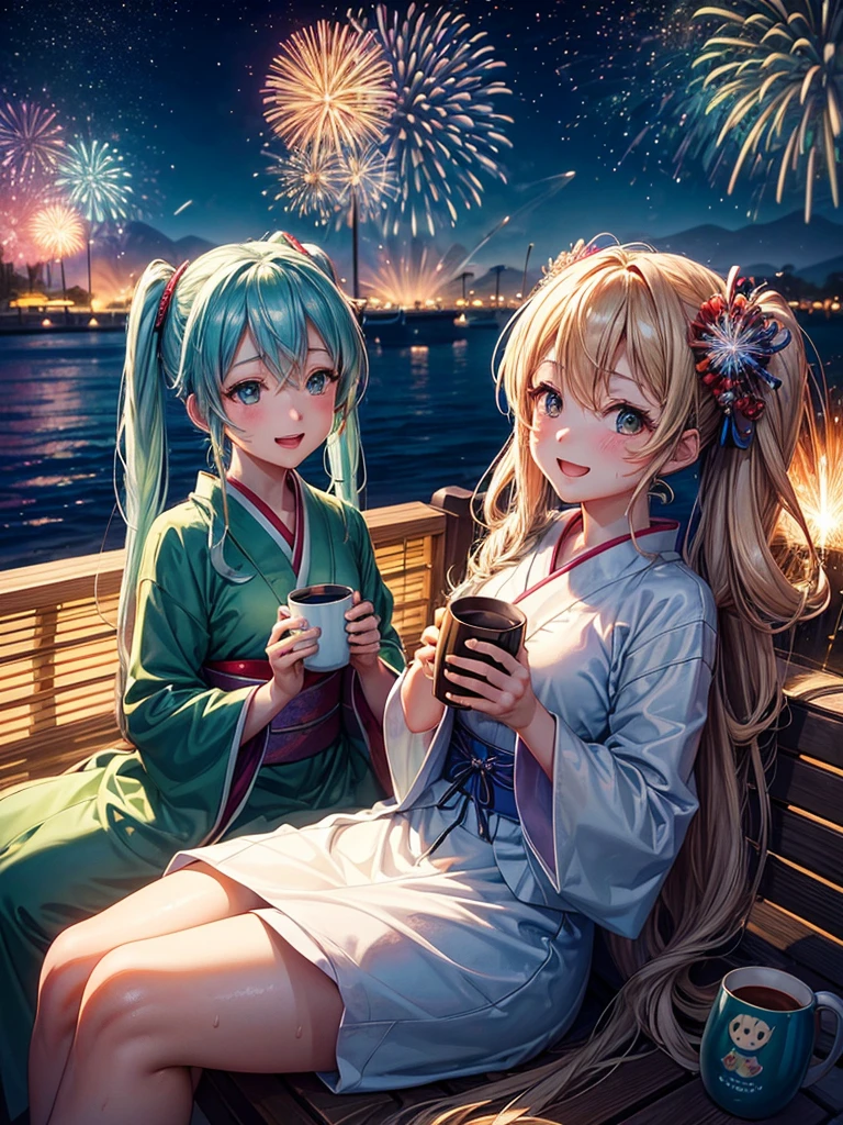 (highest quality)), ((masterpiece)), (family friendly), Perfect Face,Shiny skin,Beautiful breasts,Shiny skin、Kyoto Animation style painting、Hair、Sunburned skin、night、Hatsune Miku、(((2 girls)))、(((firework)))、(((night)))、Sit on a bench、(Sweat)、
、kimono、(((Mug)))、smile、look up、Open your mouth、