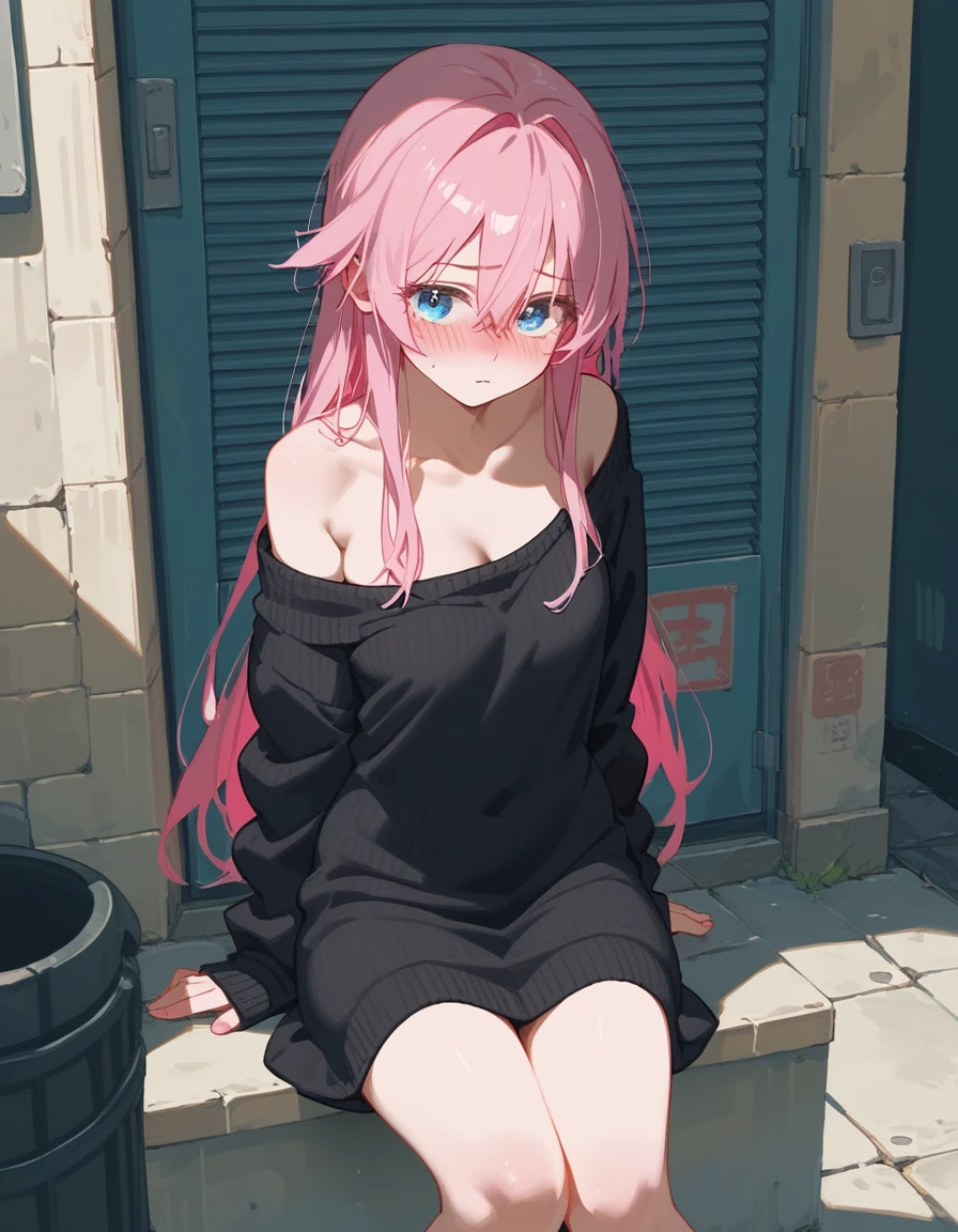 One girl, Shikimori-san, Pink Hair, Long Hair, blue eyes, Hair between the eyes, bangs, blush, compensate,Embarrassed,chest, Black sweater, Bare shoulders, No sleeve, skirt, View your viewers,Bare Belly,Sit with your feet together,masterpiece, Highest quality,nsfw,Alley, 1 boy, penis, handjob,