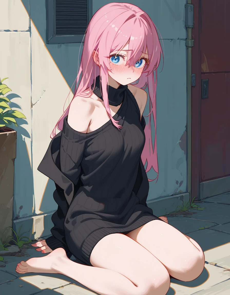 girl, Shikimori-san, Pink Hair, Long Hair, blue eyes, Hair between the eyes, bangs, blush, compensate,A little embarrassing,chest, Black sweater, Bare shoulders, No sleeve, skirt, View your viewers,Bare Belly,Sit with your feet together,masterpiece, Highest quality,nsfw,Alley,Undressing,Undressing,