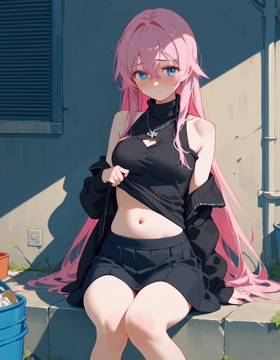 girl, Shikimori-san, Pink Hair, Long Hair, blue eyes, Hair between the eyes, bangs, blush, compensate,A little embarrassing,chest, Black sweater, Bare shoulders, No sleeve, skirt, View your viewers,Bare Belly,Sit with your feet together,masterpiece, Highest quality,nsfw,Alley,Undressing,Undressing,