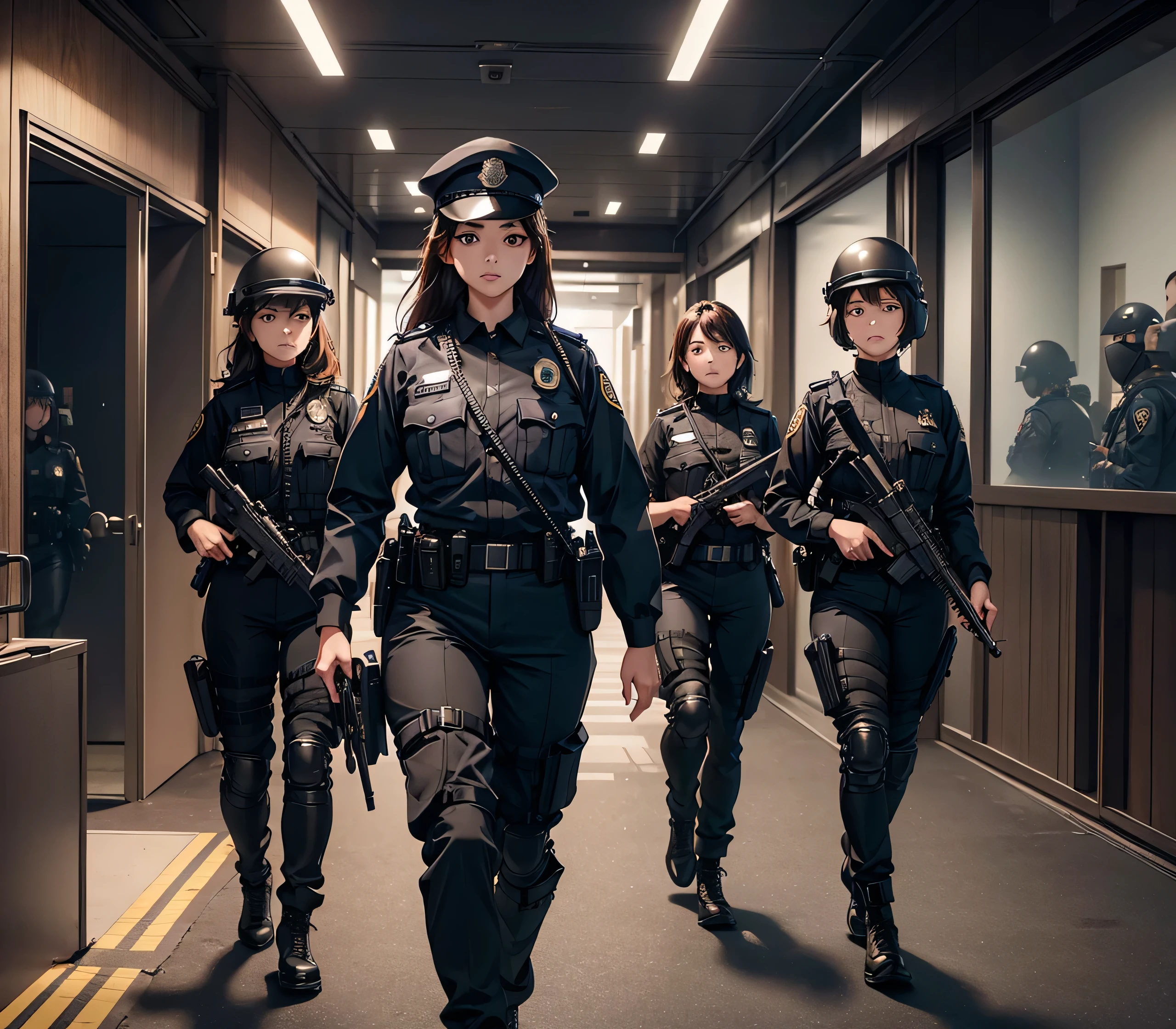 A group of female police officers in dark brown uniforms、All wear helmets、Police pants、Various police equipment、Patrolling the corridors、Write details、masterpiece、best quality、Highly detailed CG、8K picture quality